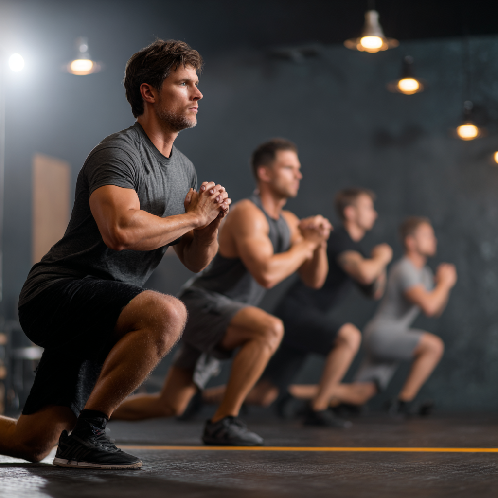 group of adult men performing functional training movements in calm focused atmosphere