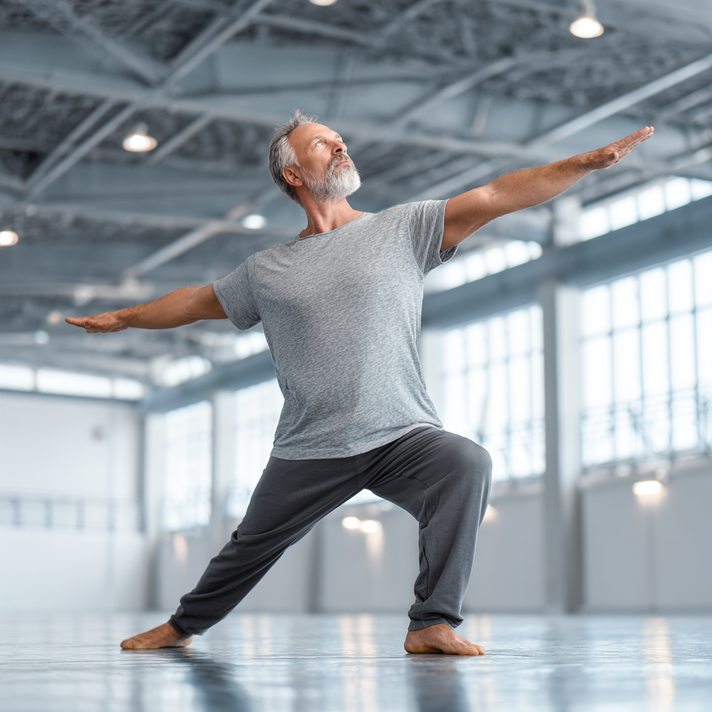 mature man practicing controlled movement exercises in spacious indoor environment